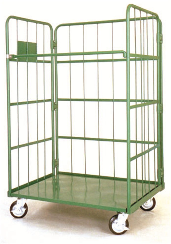 warehouse storage Collapsible four wheels assembly folding 3-sides powder coated dolly roll cage steel hand logistics trolley