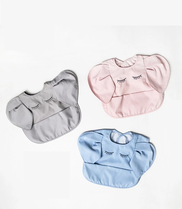 Washable Mess Proof Sleeve Baby Elepant Apron Bib with Flip Pocket Polyester PU Waterproof baby bibs
