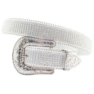 Western Cowgirl Bling Studded Crystal White Leather Rhinestone Net Chain Belt 1-1/2&quot;