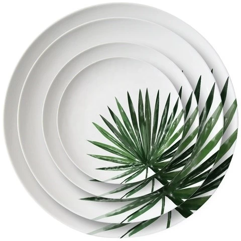 Wholesale cheap bulk 4pcs green leaf design ceramic under platter dishes fine bone china flat main steak dinner plates