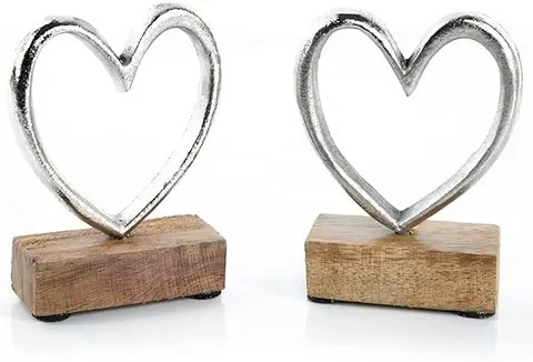 Wholesale handmade 2 Hearts Made of Metal and Wood Heart Figures Pair for Standing Gift set for  Wedding Valentines Day  Silver