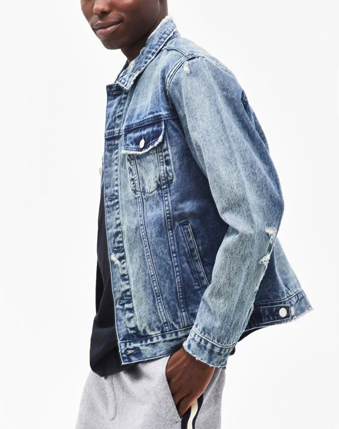 Wholesale Mens Clothing Front Buttons Blue Stone Washed Denim Jacket