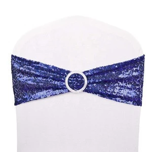 wholesale Stretch blue Sequin Chair Sashes Chair Bands for Hotel Wedding Party Chair Cover Decoration with buckle