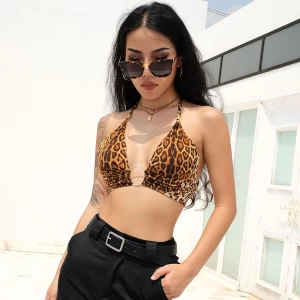 Women Halter Leopard Backless Camis Streetwear Club Patchwork Camisole