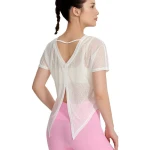 Women Round Neck Sheer Mesh Short Sleeve Yoga Cover Up Top Lightweight Breathable Loose Fit Sports Training T-Shirt