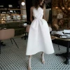 Free Shipping A-Line Spaghetti Straps Prom Party Dress Backless Tea-Length White Satin with Pockets Ruched