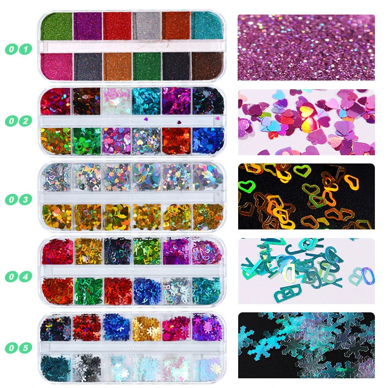 12 grid Nail Glitter Powder Sequins Mixed Butterfly Heart Letter Snowflowers Laser Colorful Flakes 3D Shiny Nail Art Decorations