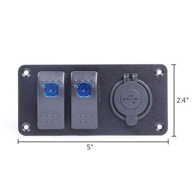 2 Gang Blue Rocker Switch Panel with 3.1A Dual USB DC12V-24V for Car Marine Boat Trailer RV Vehicles Truck