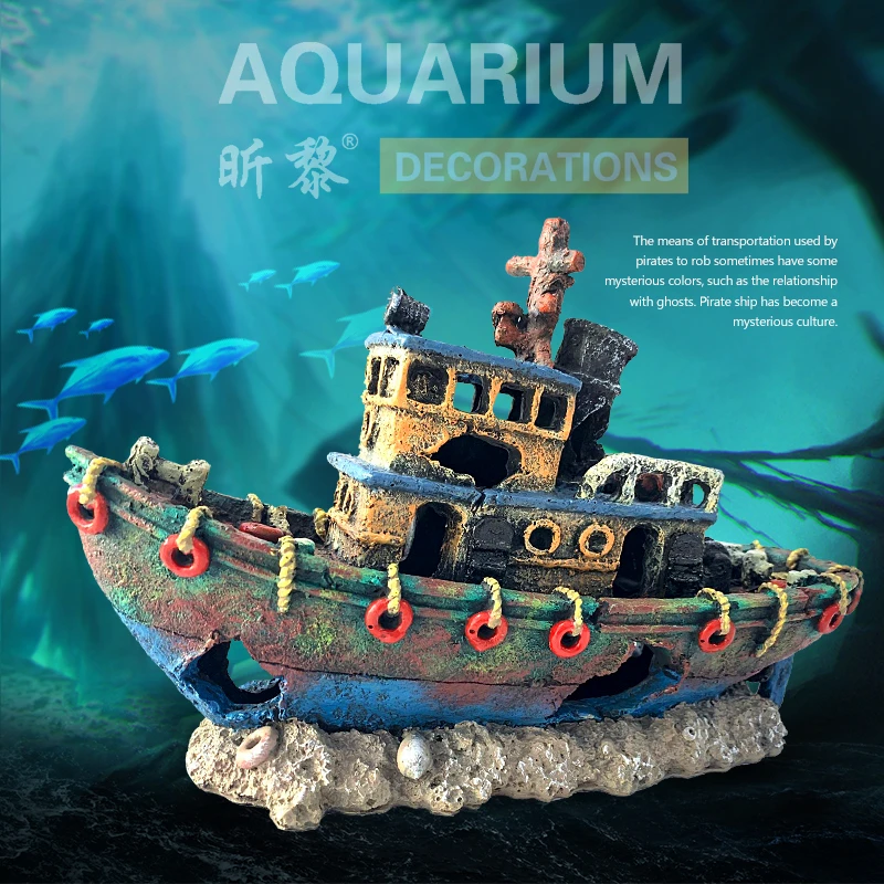 2020 Aquarium ornaments resin fishing boat ship statue fish tank decorations