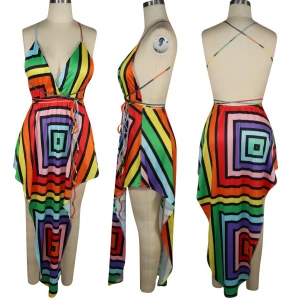 2021 Summer Fashion Women Chic Sexy V Neck Multi-Print Irregular Sling Beach Boho Dress