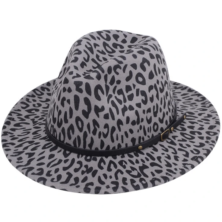 2021 Wholesale Men Women Leather Band wool felt fedora hat leopard print wide brim wool felt fedora hat