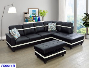 3-Pieces Sectional Sofa Set with Ottoman and 2 Square Pillows, Right Facing Chaises,Faux Leather, Multiple Colors Available