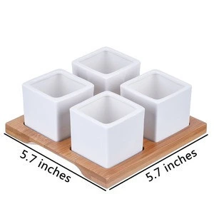 4pcs 2 Inches Ceramic Succulents Plant Pots Cactus Flower Planters with Bamboo Tray