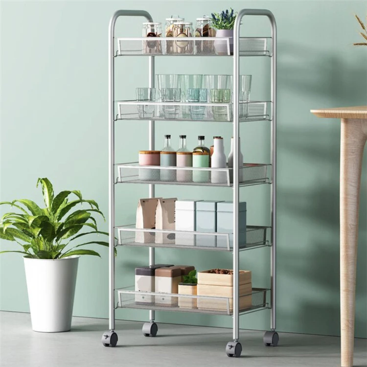 5 Tiers Kitchen Vegetable Trolley Movable Metal Utility Storage Rolling Cart