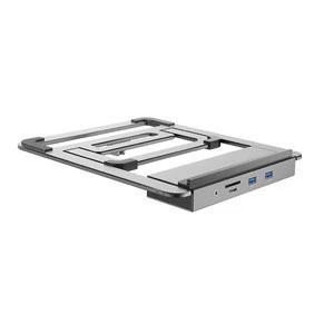 Adjustable height aluminium folding laptop stand with multiple USB c Hub docking station
