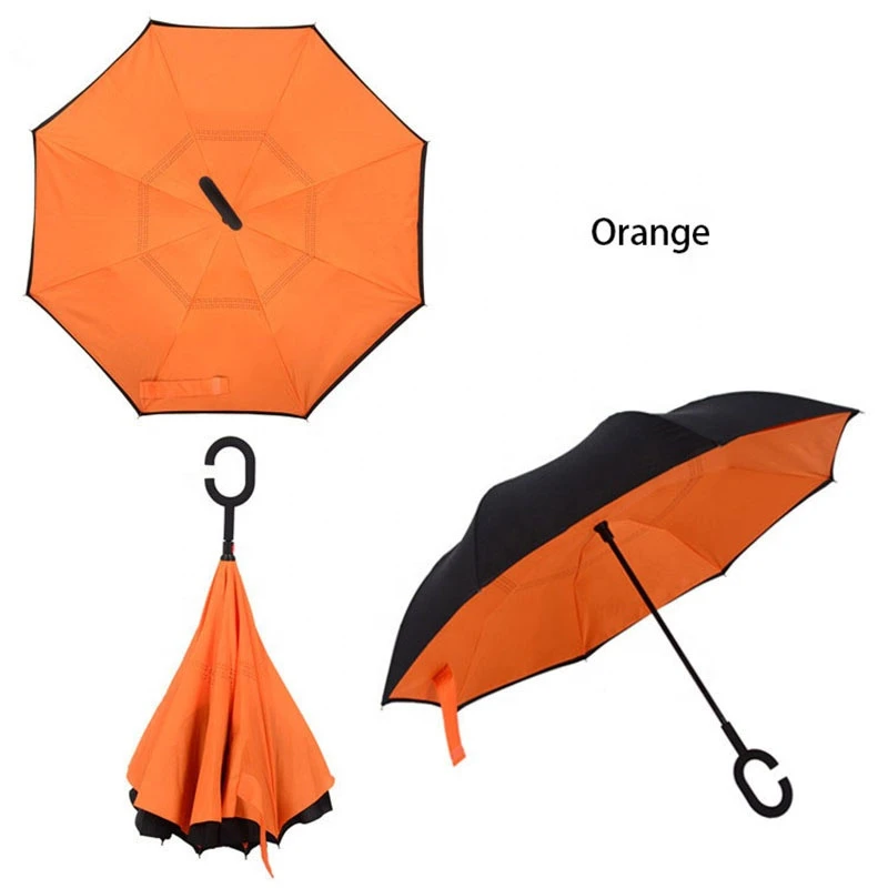 Advertising Promotional Customized Logo Printing Windproof Double Layer C Handle Inside out Umbrella For Car