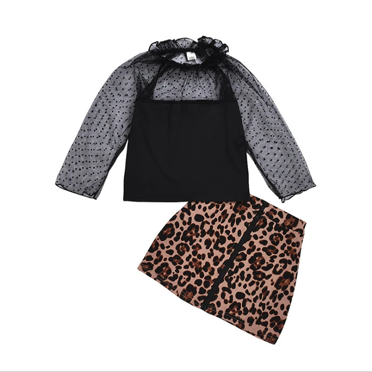 AGRADECIDO Toddler Girls Long Sleeve Tops Black Blouse Baby T shirts+Leopard Print Dress Mini Skirts Outfits