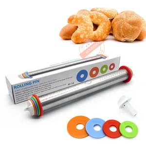 Amazon Hot Sale Adjustable Stainless Steel Cake Rolling Pin Dough Roller With 4 Removable Thickness Rings
