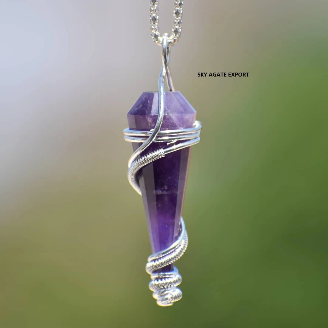 AMETHYST WIRE WRAPPED PENDANT AGATE CRYSTAL GEMSTONE : WHOLESALE NATURAL AGATE