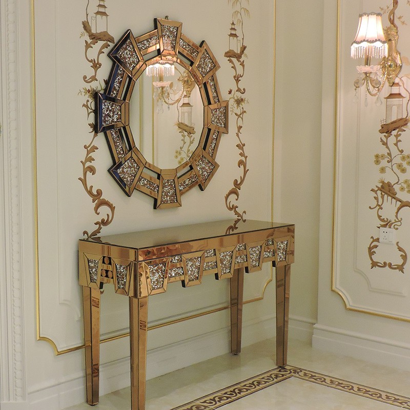 Antique mirrored glass home decor furniture gold diamond crushed crystal mirrored console table with mirror