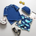 Baby and Toddler Boys' 2-Piece Swimsuit Trunk and Fish Rashguard with Swim Cap