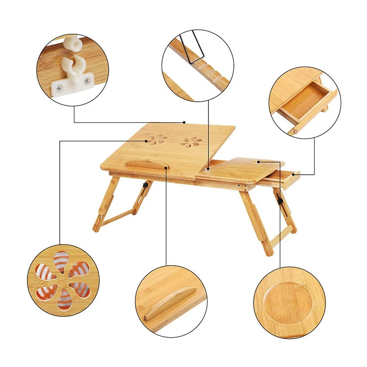 Bamboo Folding Laptop Desk with Drawer and Adjustable Leg