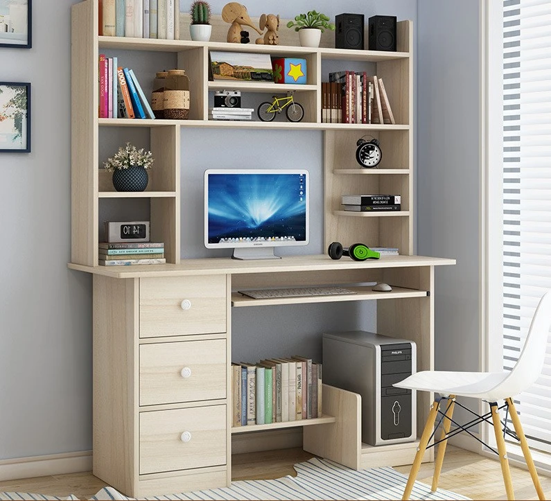 C-type Computer desktop desk home with high bookshelf student writing table with 3 drawers