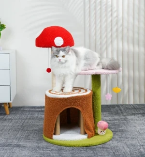 Cat Condo Flower Tower Cute Cat Tower Mushroom Cat Tree with Full-Wrapped Sisal Post Scratching Board Spring Ball