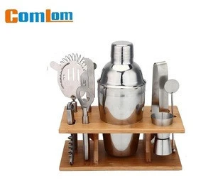 CL1Z-AJWS04 Comlom 8PCS Stainless Steel Barware set with 550ml Cocktail Shaker in Wood Rack