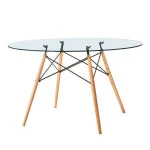 Classical Durable Restaurant Table Dining Tempered Glass  Dining Table Wooden Legs  Round Dining Table