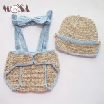 Crochet 3 pcs Set Newsboy Hat Diaper Cover Set /Suspenders and Bow Tie in Beige and Blue Newsboy Crochet Newborn Photo Prop