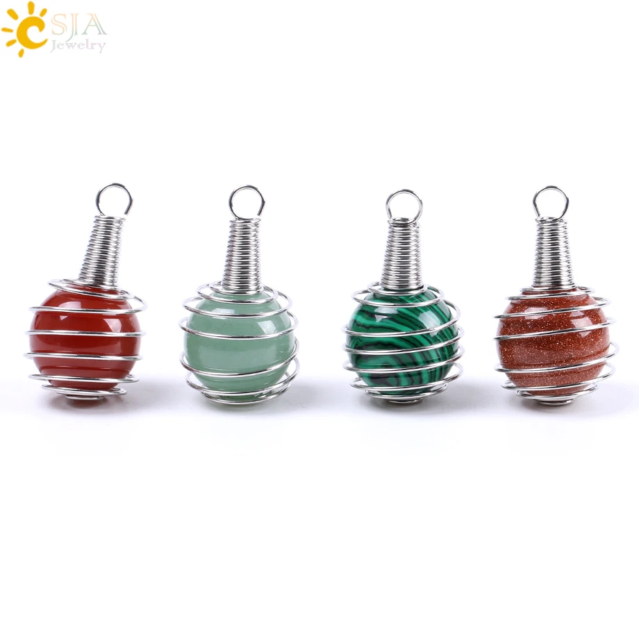 CSJA Spiral Ball Cages Necklace Pendants Reiki Chakra Natural Round Gem Stone Bead Pendant Tiger Eye Jewelry Gift