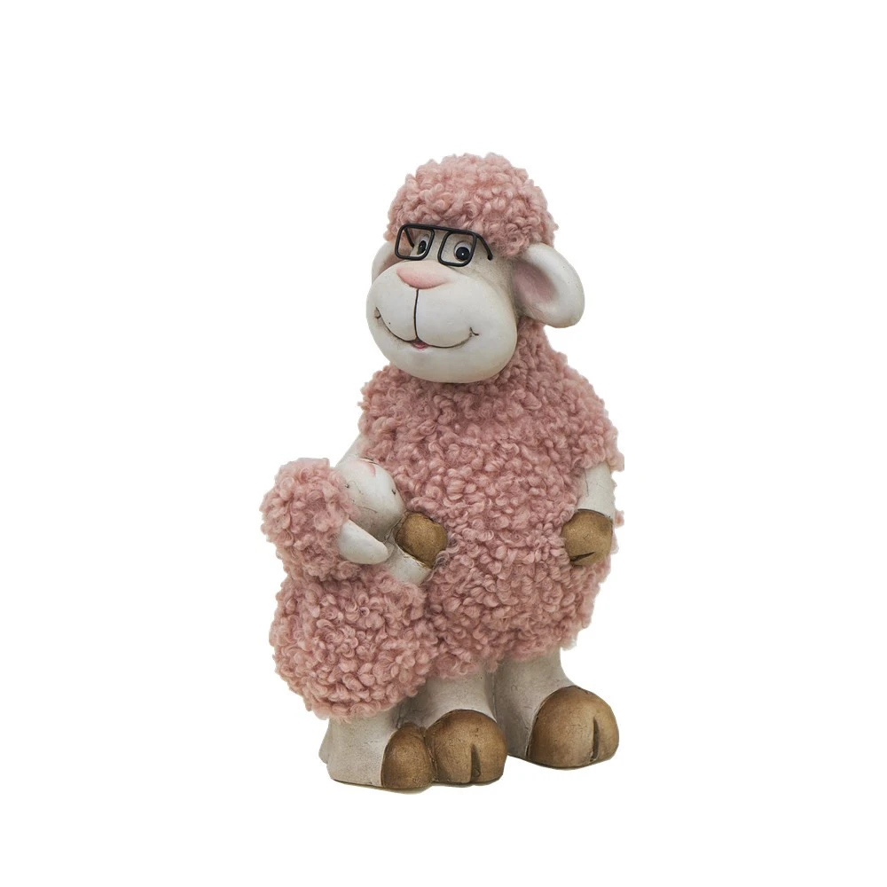 Custom Easter Pink Ornament Ceramic Decorative Sheep Home Decor With Plush