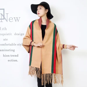 Custom Winter Poncho With Sleeves Khaki Viscose Cotton Long Plaid Pattern Scarf Wool Shawl