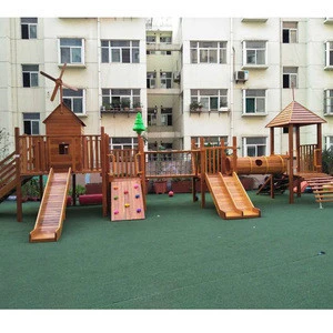 Customized garden children outdoor kids wooden playhouse with plastic slide