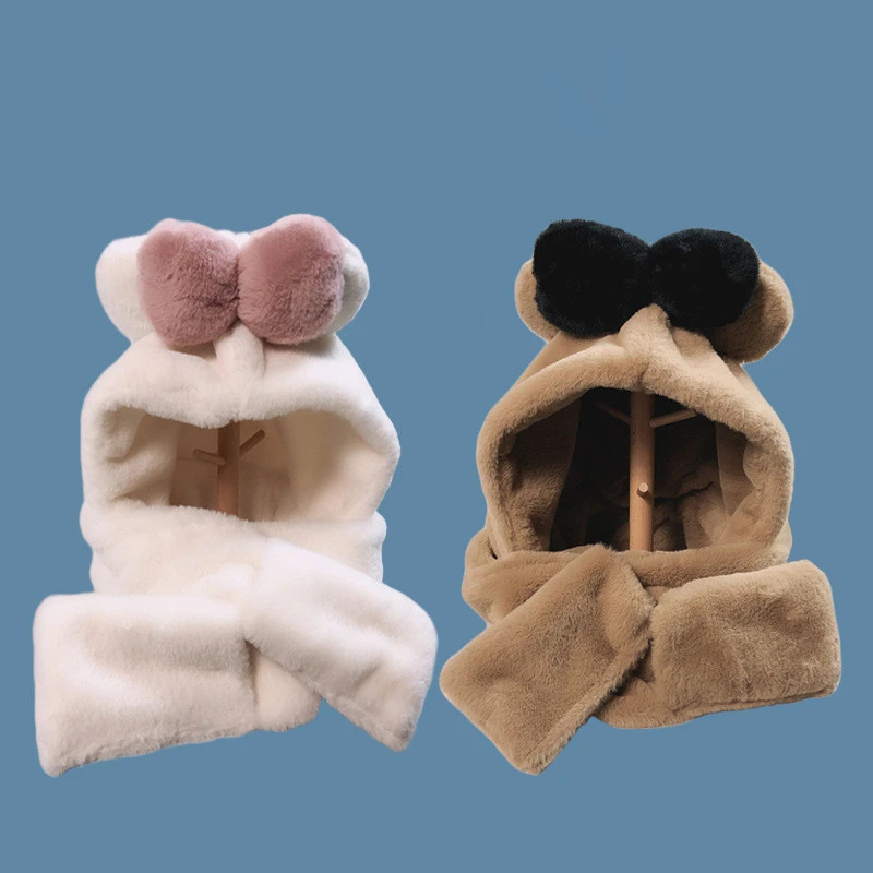 DDA2048 Pom Pom Cap 3 Pieces Sets Neck Warmer Warm Caps Women Earflap Hooded Scarf Hat Gloves Autumn Winter Cute Bow Plush Hats