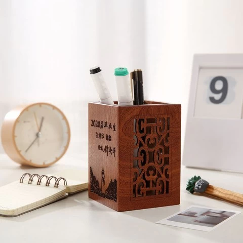 Desk Organizer Stationery Bamboo Table Pen Holder,  office square wooden pen storage holder, pencil organizer stand container