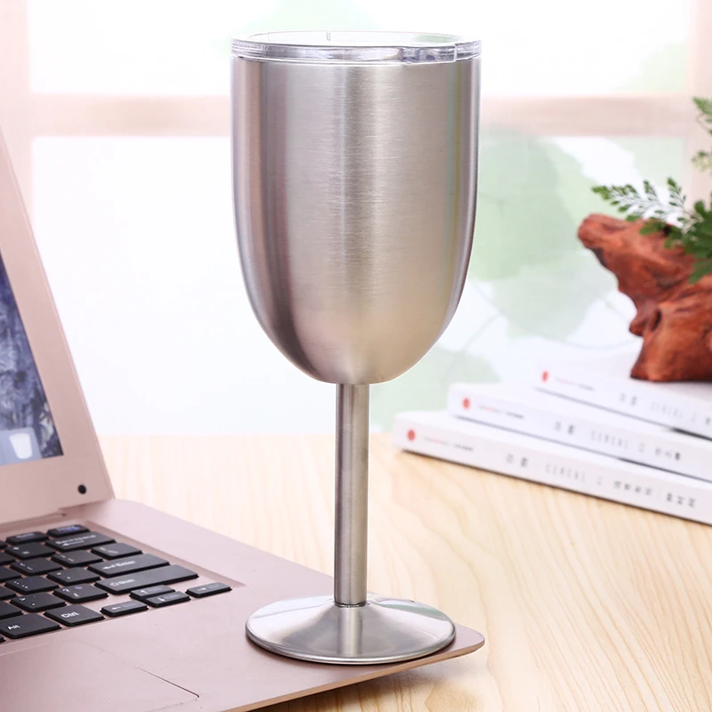 Eco-friendly Wine Goblet with lid vacuum Stainless Steel 10oz Satin Wine Cup double wall Champagne Cup with long stem insulated