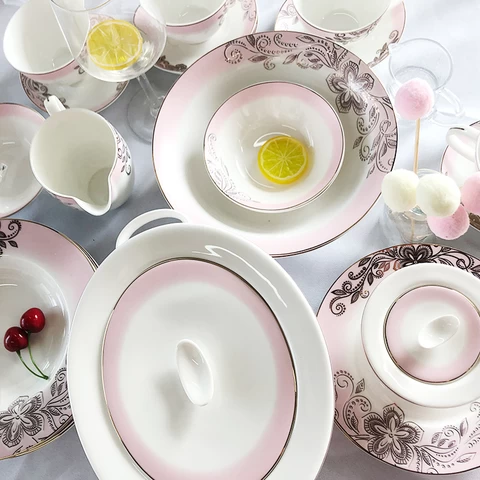 European Style 61 pcs  Porcelain Tableware for Wedding  White Decal Ceramic Plates Dishes Dinnerware Sets  Bone China