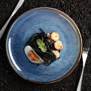 Factory direct wholesale hotel blue nordic dish ceramic dinner plate set,restaurant ecofriendly porcelain dishes plates
