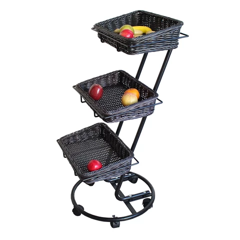 Factory wholesale foldable rattan supermarket fruit and vegetable  stand display shelf with basket set