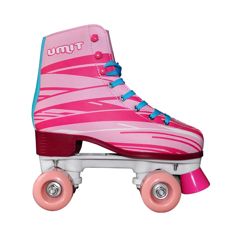 Factory Wholesale Genuine Leather Metal Base Pink PU Wheels Two Line 4 Wheels Skate Shoes