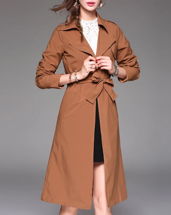 Fashion elegant women jackets & coats plus size casual trench turn-down collar coffee  coat ST1314
