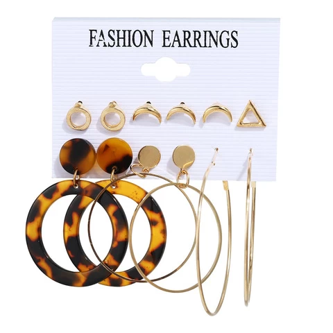 Finetoo Vintage Gold Acrylic Drop Earrings 6 Piece Set Women Amazing Price Geometric Drop Earrings Leopard Print Fashion Jewelry