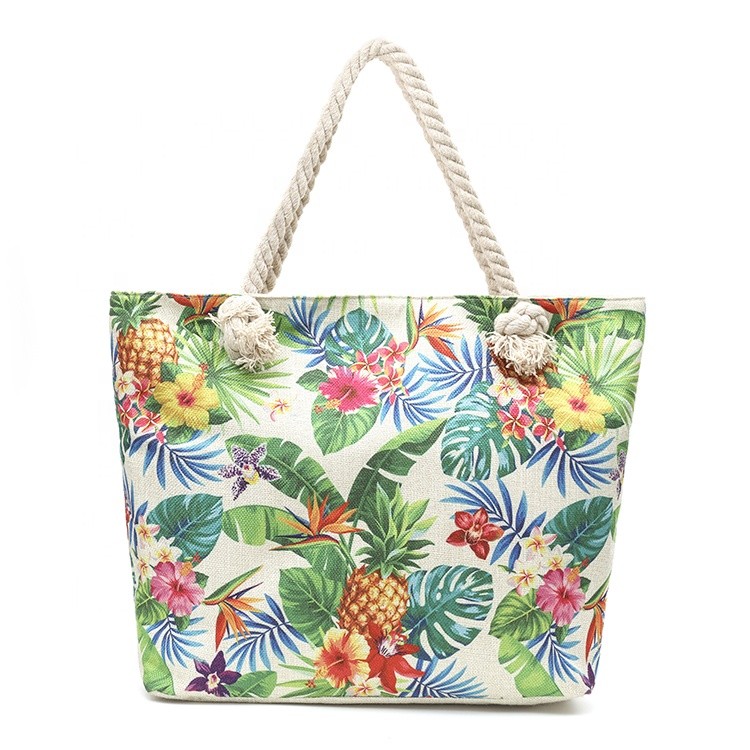For Women Custom Logo Cloth Lining Straw Lining Factory Outlet Beach Use Tropical Plant Printing Linen Shopping Bag