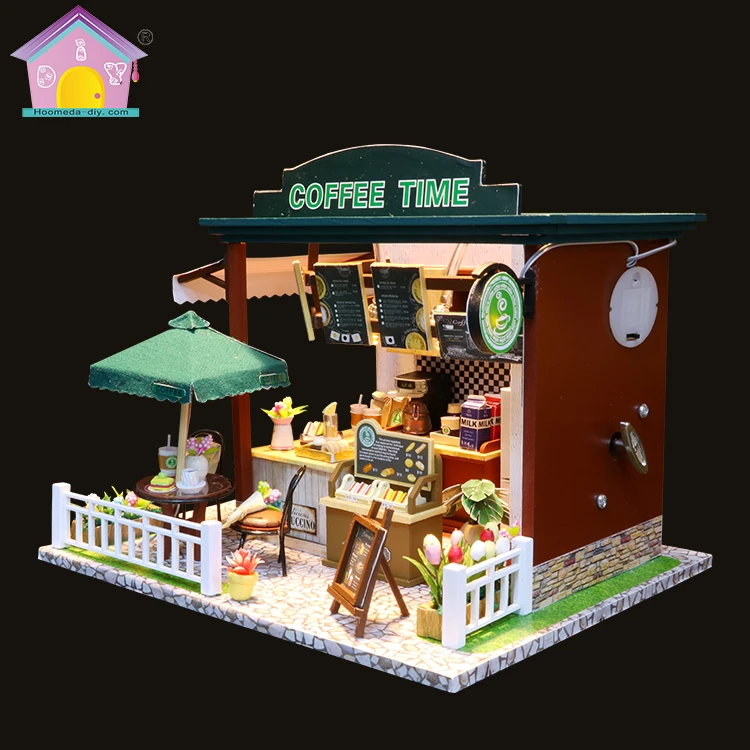 Free Simple Latest Coffee Miniature DIY Dollhouse Coffee Shop, Wooden Dollhouse Coffee House Wholesale