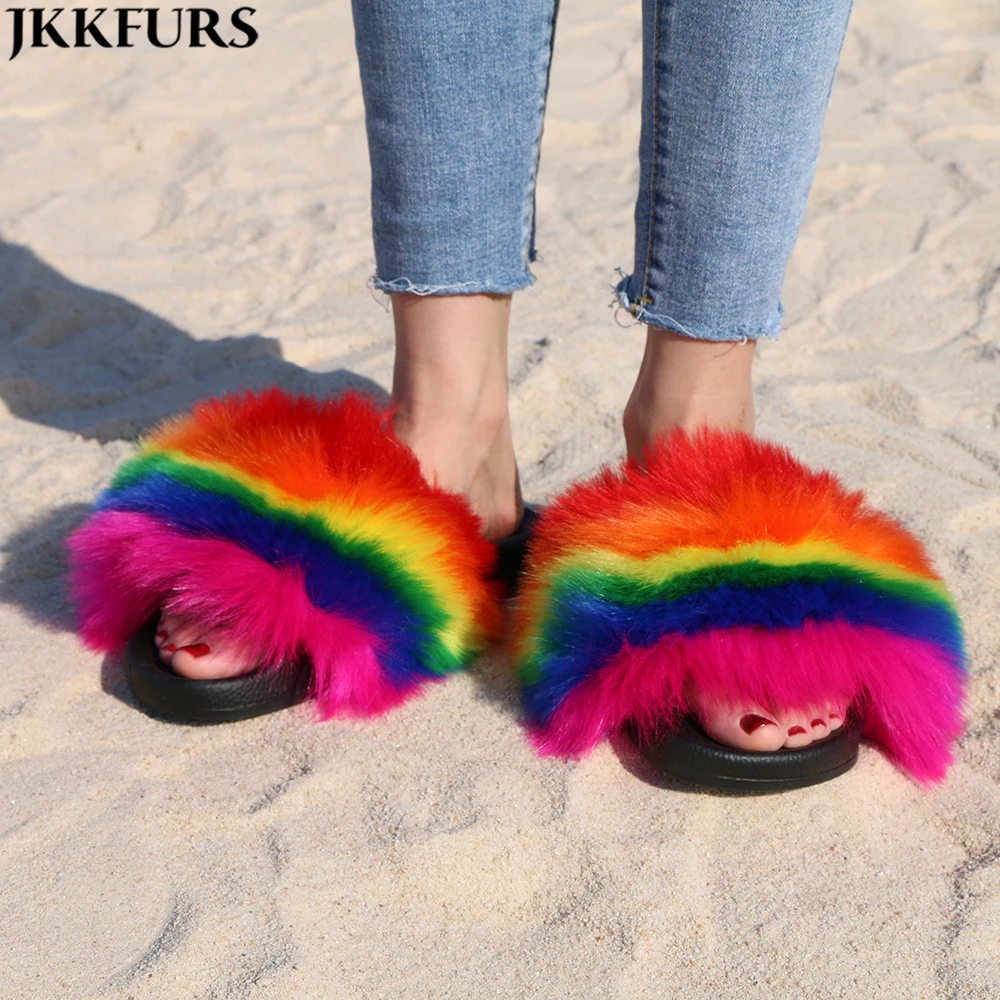 Furry Faux Designer Slides Wholesale Cheap Fur Slippers Sandals Faux Fur Flat Slippers