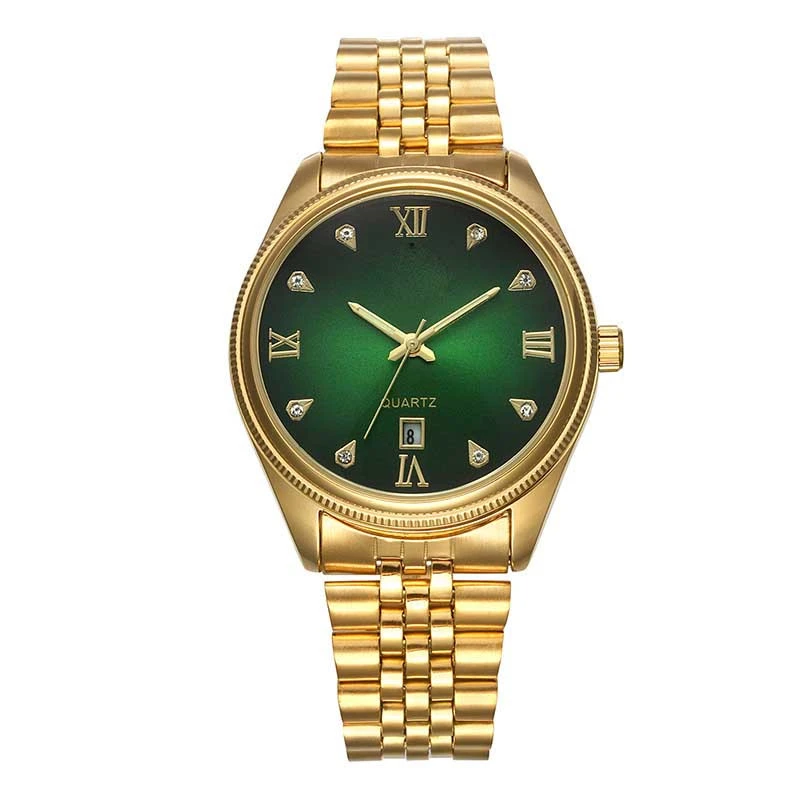 Gold stainless steel waterproof mens watch relogio green dial quartz watch