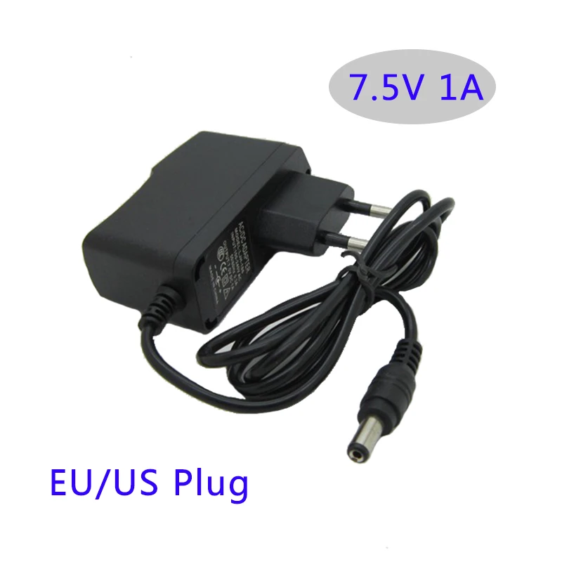 High quality AC 100-240V to DC 7.5V 1A 1000MA Switching power supply 5.5x2.1mm converter adapter with EU/US plug.