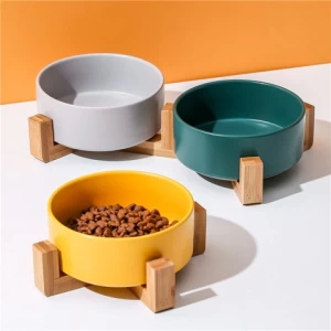 High Quality Double Cat Food Bowls Wooden Stand Elevated Ceramic Pet Bowl With Stand